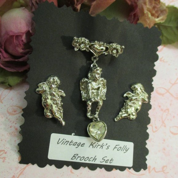 KIRK'S FOLLY Cherub Floral Heart Jewelry Set ~ Vintage Winged Cherub Set - Picture 6 of 14